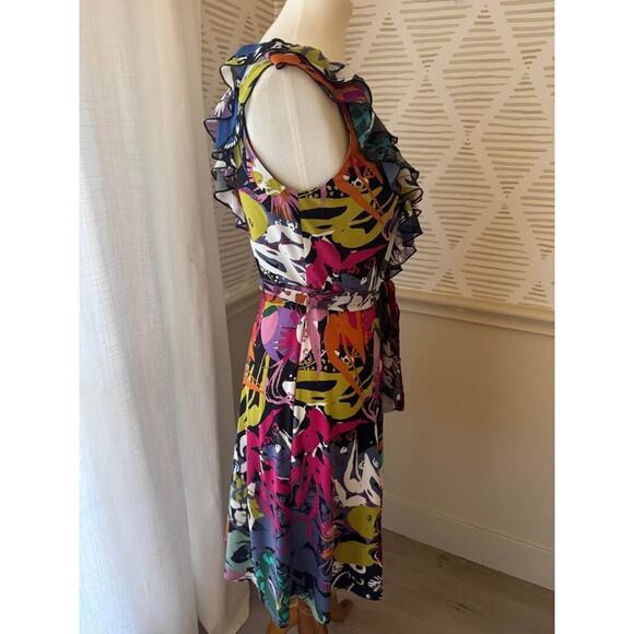 Suzi Chin for Maggy Boutique Size 6 Medium Abstract Colorful Ruffle Wrap Dress - Picture 4 of 6